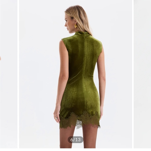 NEW NWT - Commense Lace Trim Ruched Velvet Mini dress green Small - Picture 2 of 2